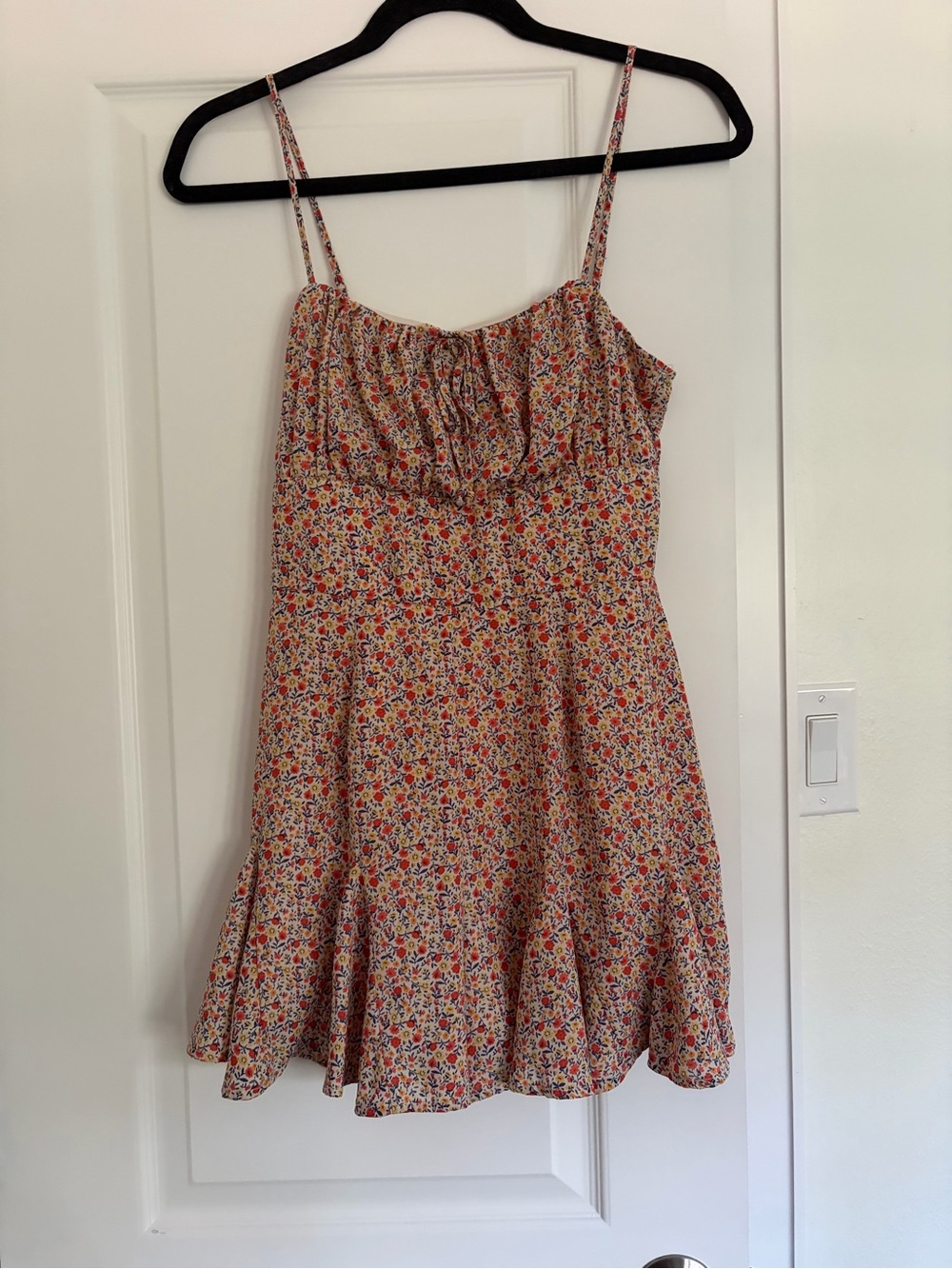 Floral Spaghetti-Strap Romper in Cream with Red & Pink Flowers